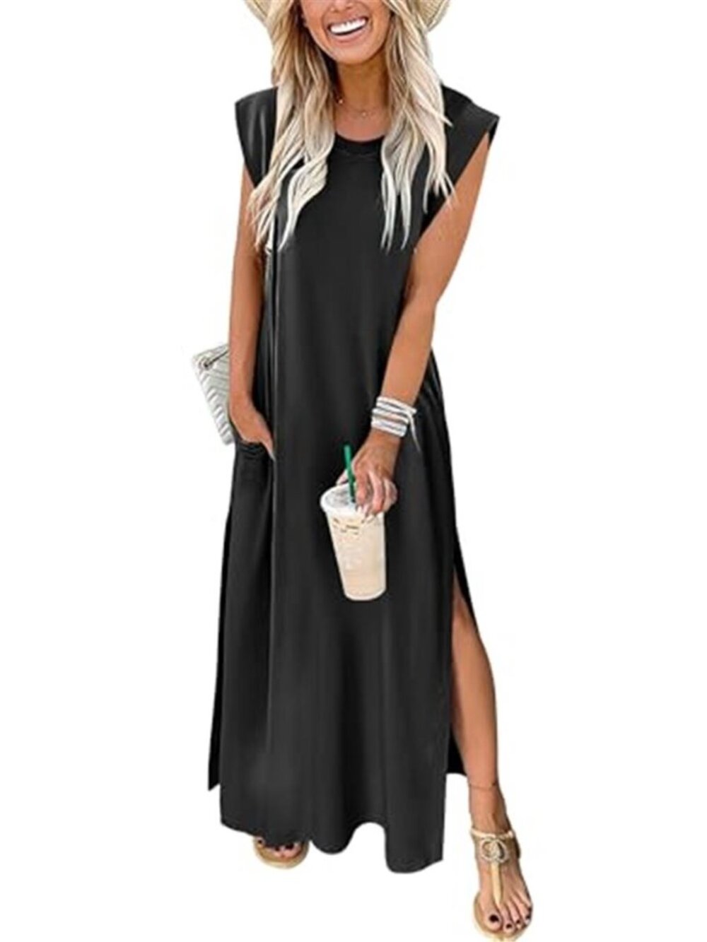Womens Summer Casual Dress Sleeveless Crew Neck Loose Fit Beach Mini Shift Dress